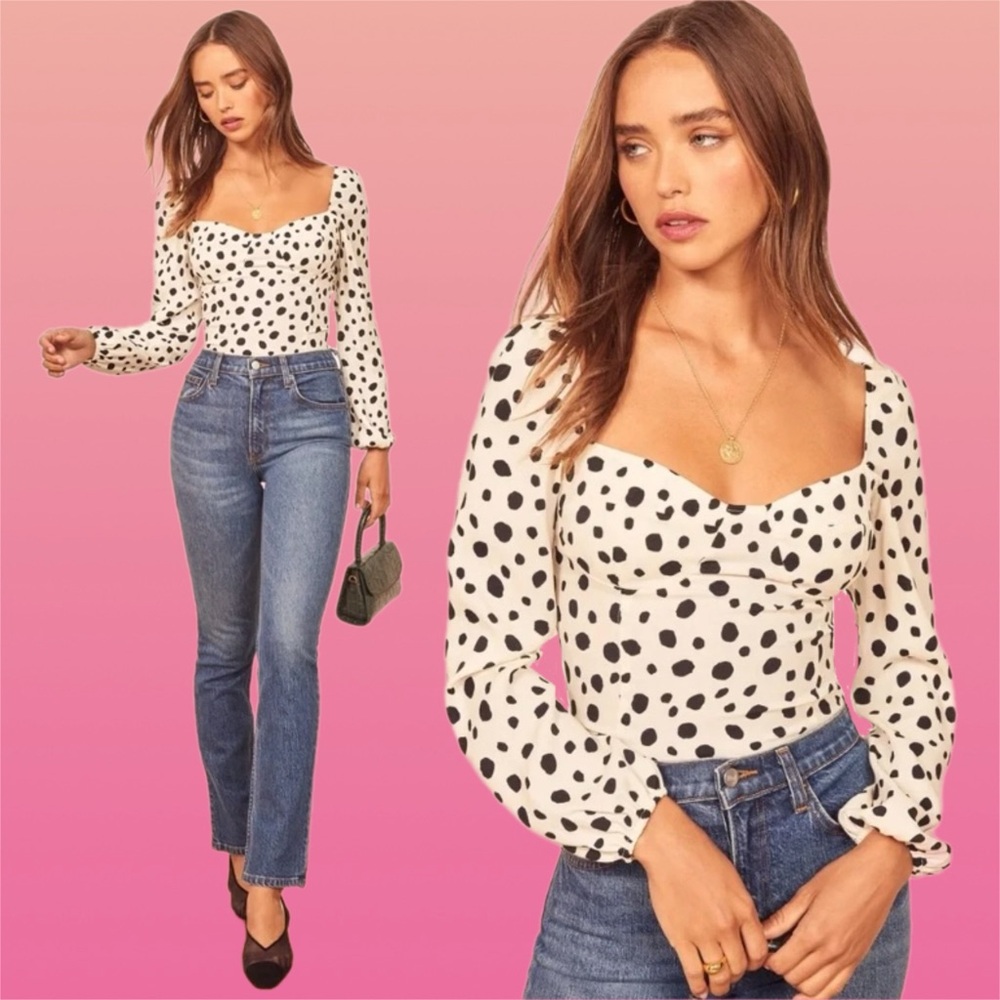 reformation • reign top in ink blot black & white dalmatian print 8